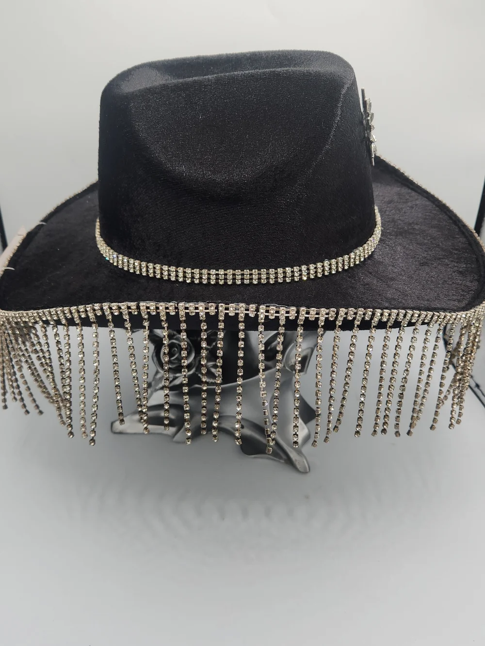 Black Rhinestone Fringe Cowgirl Hat with Starburst Brooch